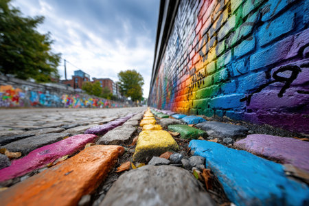 A low angle view of a colorful cobblestone path along a graffiti covered wallの写真素材