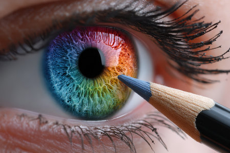 A close-up shows a human eye with a colorful iris. A pencil tip touches the eye, adding vivid hues.の写真素材