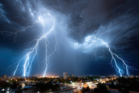 Lightning illuminates the night sky over a city during a powerful thunderstormの写真素材