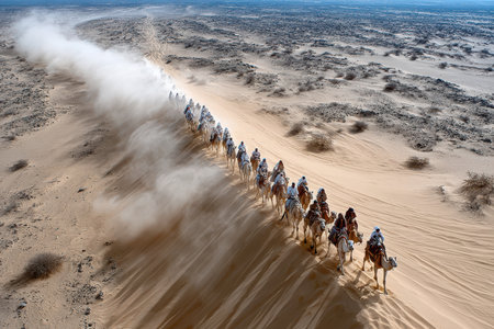 Aerial view of a camel caravan crossing a sandy desertの写真素材