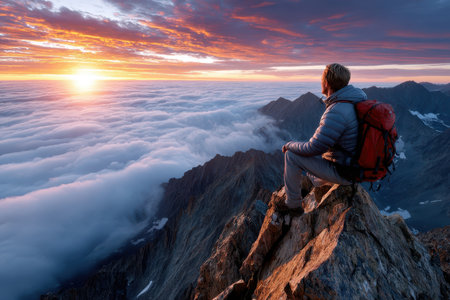 A hiker sits on a mountain peak, enjoying a breathtaking sunset over a sea of cloudsの写真素材