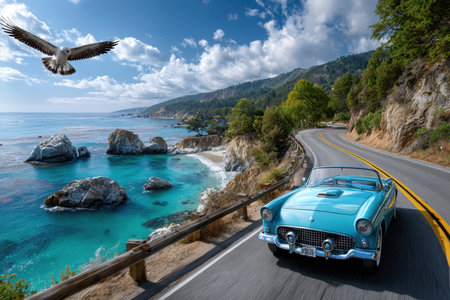 A vintage car on a scenic coastal road, evoking a sense of adventure and nostalgia, in bright, midday light, with a sudden bird swooping down in front of the car.の写真素材