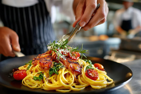 A skilled chef garnishes a plate of vibrant pasta, featuring grilled chicken and fresh vegetables in a bustling kitchen.の写真素材