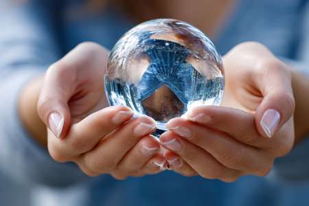 A person gently holds a clear crystal ball, capturing reflections of greenery and light in a sunny outdoor setting.の写真素材