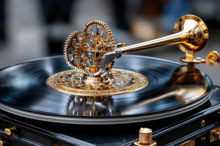 A vintage turntable with golden gears plays a vinyl record at a cultural event, attracting curious attendees.の写真素材