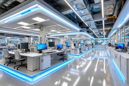 A modern laboratory interior with advanced equipment and blue lightingの写真素材