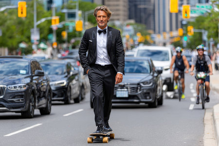 A man dressed in a tuxedo skateboards leisurely on a bustling urban street filled with cars and cyclists.の写真素材