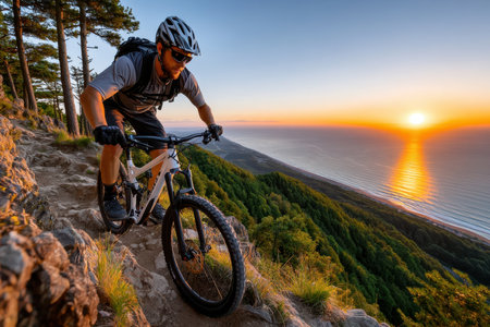 A mountain biker rides a trail at sunset overlooking the oceanの写真素材