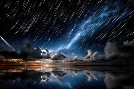 Star trails reflected in calm water under a cloudy sky at duskの写真素材