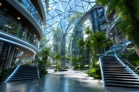 Modern indoor garden atrium with glass staircases and lush greeneryの写真素材