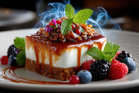A slice of cheesecake topped with caramel and berries on a white plateの写真素材