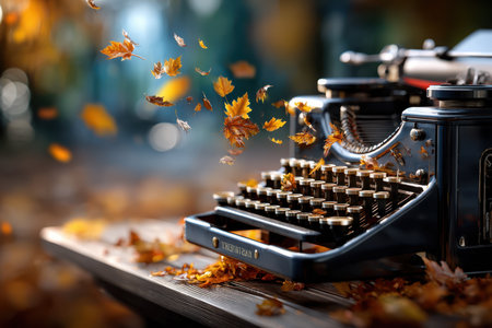 An antique typewriter is placed on a wooden table with colorful autumn leaves swirling around it in the gentle breeze.の写真素材