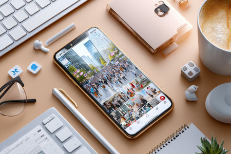 A bustling city street is displayed on a smartphone, surrounded by office supplies and coffee.の写真素材