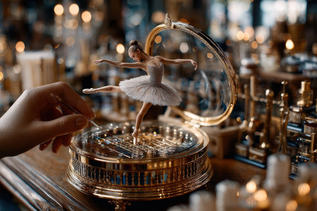 A hand winds a music box featuring a delicate ballet dancer as it spins elegantly amidst warm, ambient lighting.の写真素材