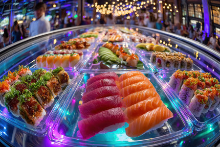 A platter of various sushi and sashimi is displayed under colorful lightsの写真素材