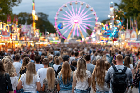 A crowd of people walk towards a ferris wheel and other attractions at an amusement parkの写真素材