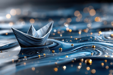 A delicate paper boat glides across a glossy blue surface adorned with golden droplets, creating a tranquil atmosphere.の写真素材