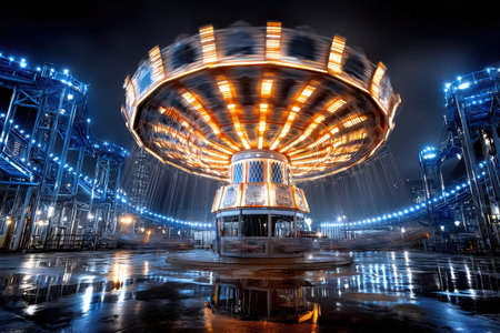 A brightly lit carousel spins at night in an urban settingの写真素材