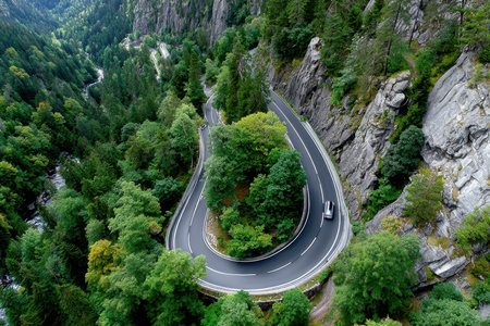 A winding road curves through a forested mountain valleyの写真素材