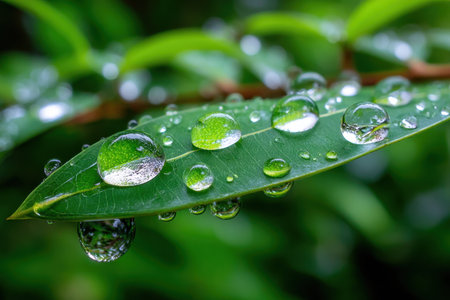 Closeup of water droplets on a vibrant green leafの写真素材