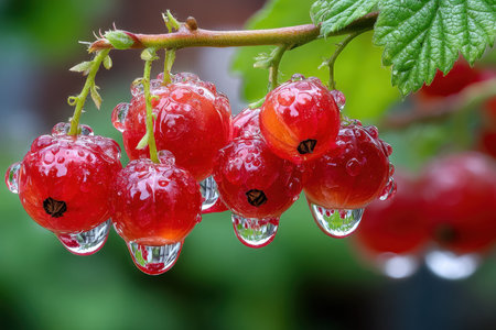 Closeup of ripe red currants covered in water droplets on a branchの写真素材