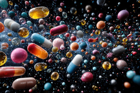An array of various pills and capsules is suspended in space, creating a vibrant, colorful spectacle.の写真素材