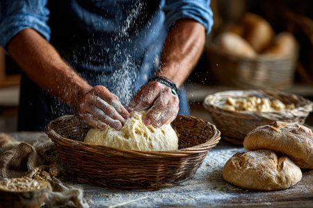 Hands work the dough in a cozy kitchen filled with artisan bread and a warm atmosphere.の写真素材
