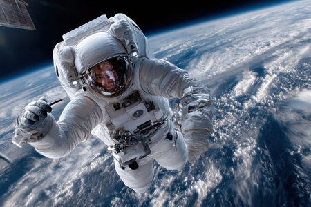 An astronaut navigates through space, conducting repairs while floating above Earth during a space mission.の写真素材