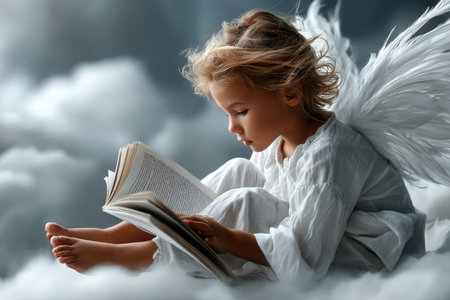 A young child with angel wings is deeply engaged in reading a book, surrounded by soft clouds in a serene atmosphere.の写真素材