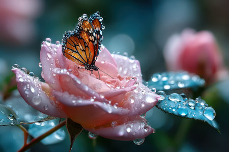A monarch butterfly rests on a dewkissed pink roseの写真素材