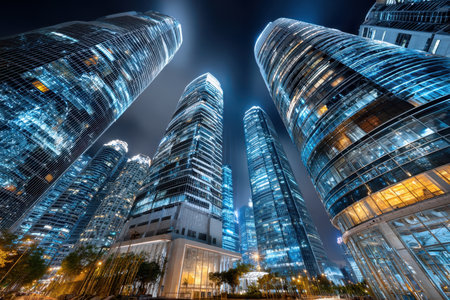 A bustling cityscape with skyscrapers at night, with a vibrant, energetic mood, shot with a wide-angle lens, showcasing the pulse of urban lifeの写真素材
