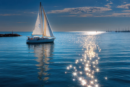 A sailboat sails calmly on blue water with sparkling reflections under a sunny skyの写真素材