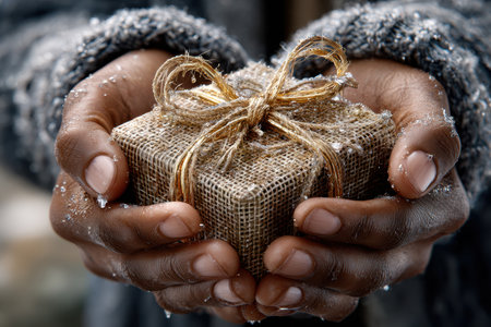 Two hands gently present a small gift wrapped in burlap, adorned with twine, amidst cold winter surroundings.の写真素材