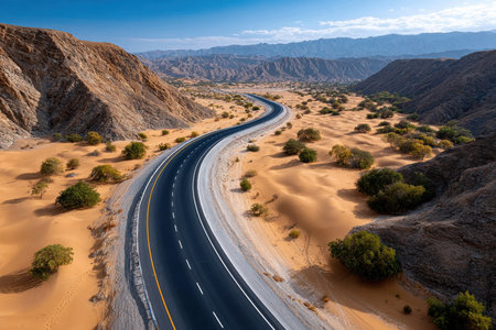 An aerial view of a winding road through a desert landscape with sand dunes and mountainsの写真素材