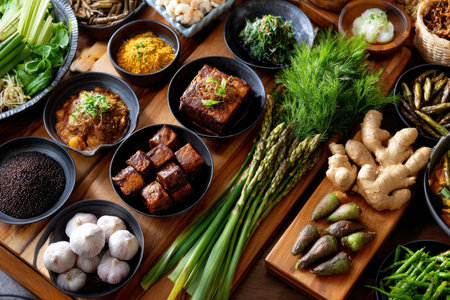 An overhead shot of an assortment of fresh vegetables and prepared dishes arranged on a wooden tableの写真素材