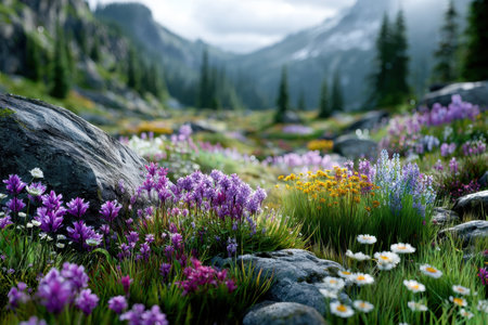 Wildflowers of various colors bloom in a mountain meadowの写真素材