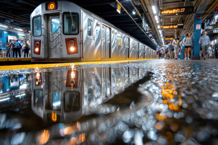 A shot of a crowded subway train reflected in a puddle on a rainy city street, taken with a wide-angle lens to capture the hustle and bustle of urban lifeの写真素材