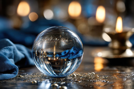 A crystal ball rests on a dark surface with a blue drape and candlelight in the backgroundの写真素材