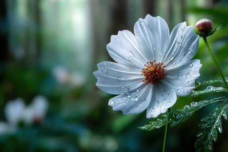 A white cosmos flower with dewdrops blooms in a lush forest settingの写真素材