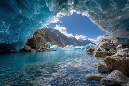 A glacial cave with blue ice opens to a clear blue lake and snow capped mountainsの写真素材
