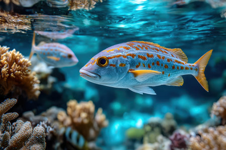 Two colorful fish swim gracefully near a vibrant coral reefの写真素材