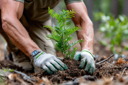 A person is carefully planting a small tree in rich soil while surrounded by nature on a clear day.の写真素材
