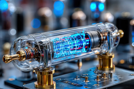 A vacuum tube glows with blue light on a sophisticated circuit board, highlighting advanced electronics design.の写真素材