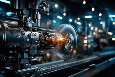 Close-up of advanced machinery in a factory, featuring spinning parts and glowing lights.の写真素材