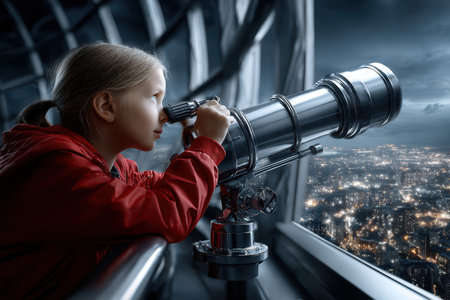 A child in a red jacket gazes through a telescope, observing the illuminated city below while at night.の写真素材