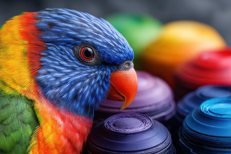 A parrot with bright feathers is perched near multiple lively paint containers in a creative space.の写真素材