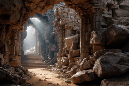 Sunlight streams through the ancient stone structure, revealing intricate columns and rugged rocks.の写真素材