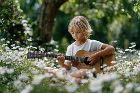 Young child sits in a meadow filled with daisies, playing a wooden guitar peacefully on a warm day.の写真素材