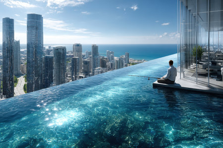 A person relaxes while fishing at an infinity pool edge overlooking a vibrant city skyline and ocean.の写真素材