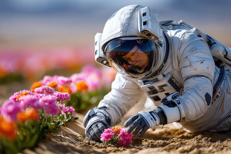 An astronaut kneels in a desert-like terrain, gently touching colorful flowers under a bright sky.の写真素材
